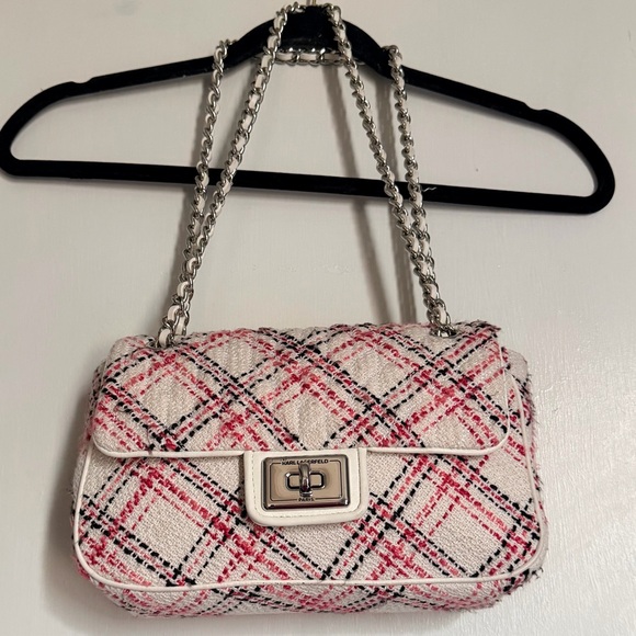 Karl Lagerfeld Handbags - Karl Lagerfeld Pink & Black Plaid Tweed Chain Shoulder Bag